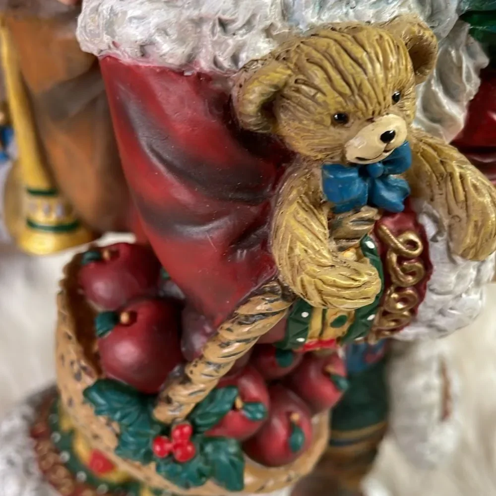 Vintage Resin Santa Holding Tree, Teddy Bear & Basket of Apples,Toy Bag on Back